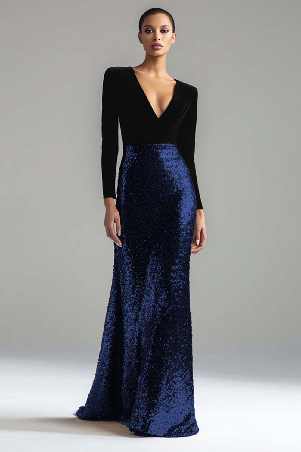 Sparkly Gold and Black Velvet Long Sleeve V-Neck Formal Dress - Image 4