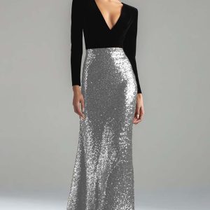 Sparkly Gold and Black Velvet Long Sleeve V-Neck Formal Dress - Image 7