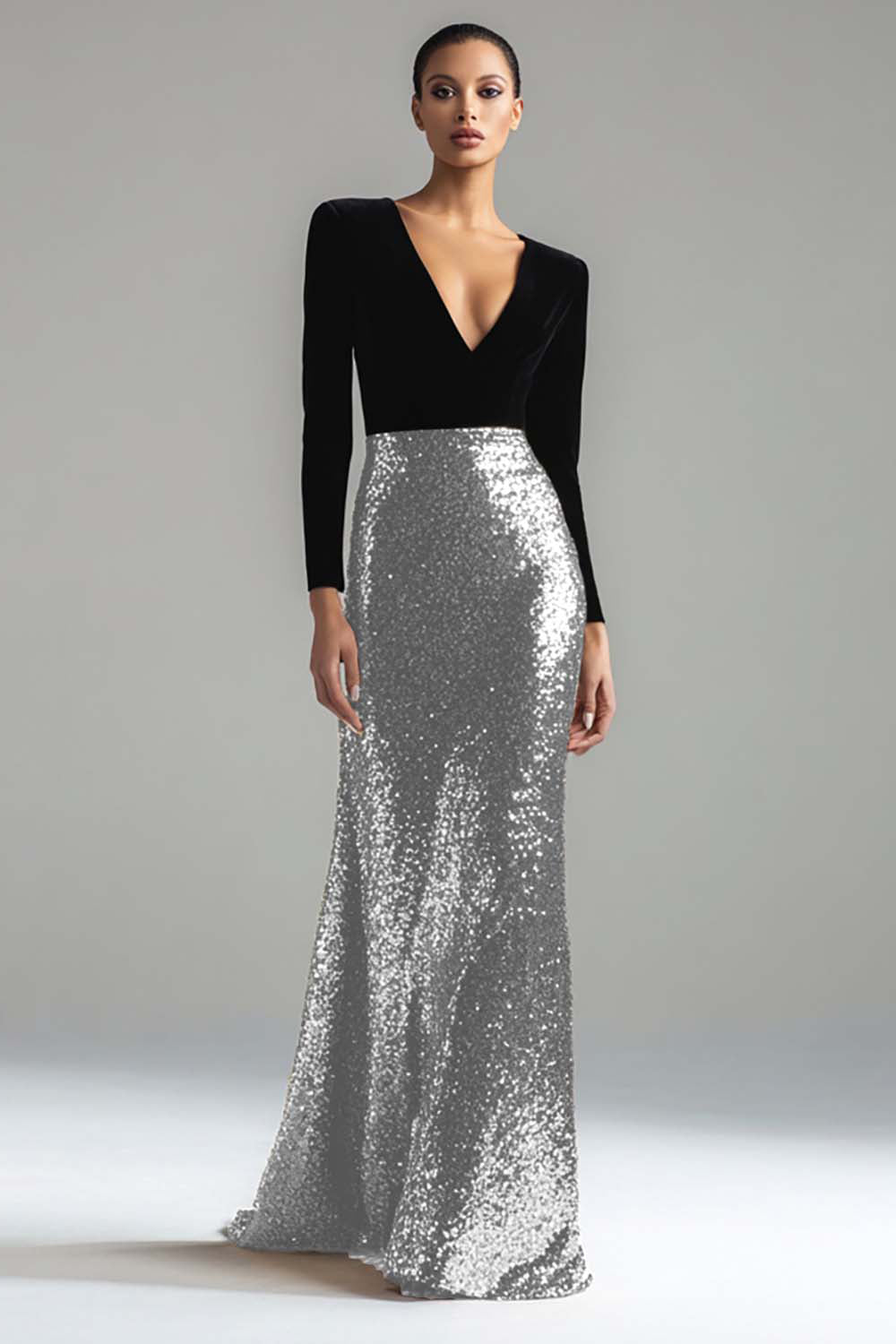Sparkly Gold and Black Velvet Long Sleeve V-Neck Formal Dress - Image 7