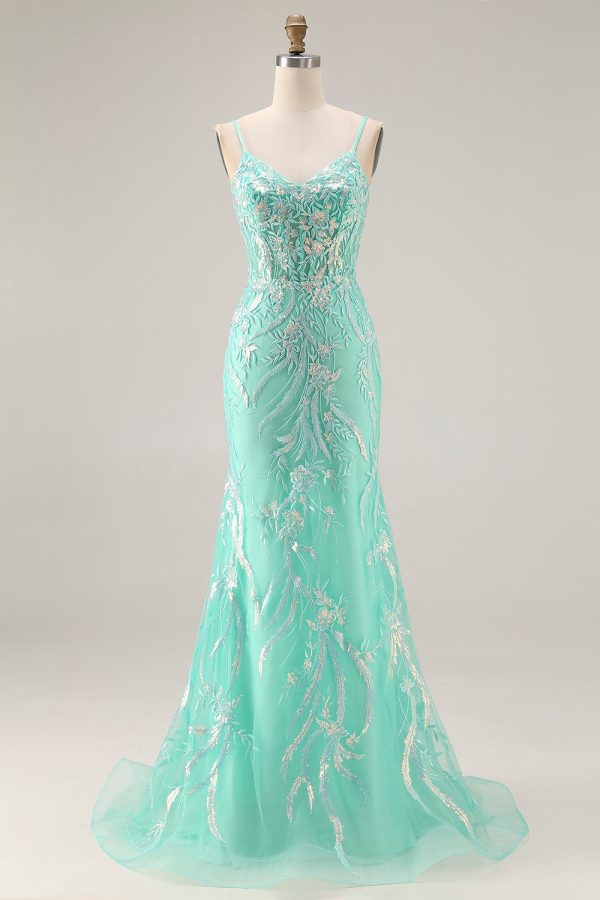 Sparkly Mint Green Mermaid Maxi Prom Dress with Appliques