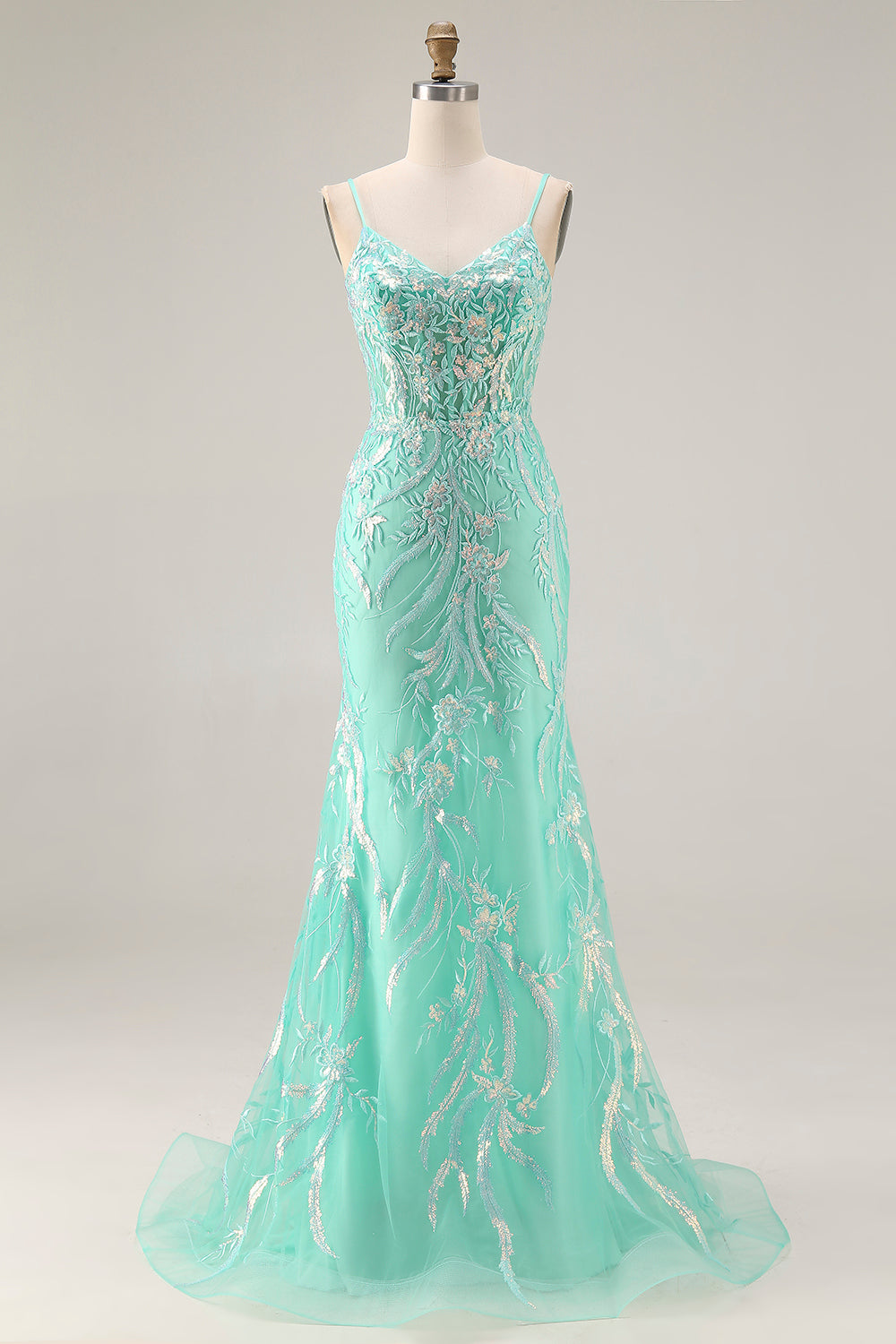 Sparkly Mint Green Mermaid Maxi Prom Dress with Appliques - Image 1