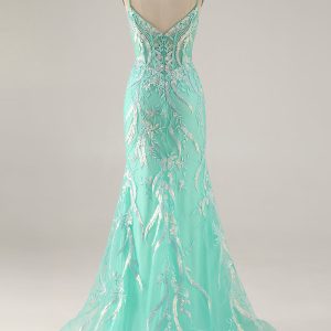Sparkly Mint Green Mermaid Maxi Prom Dress with Appliques - Image 2