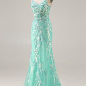 Sparkly Mint Green Mermaid Maxi Prom Dress with Appliques - Image 3
