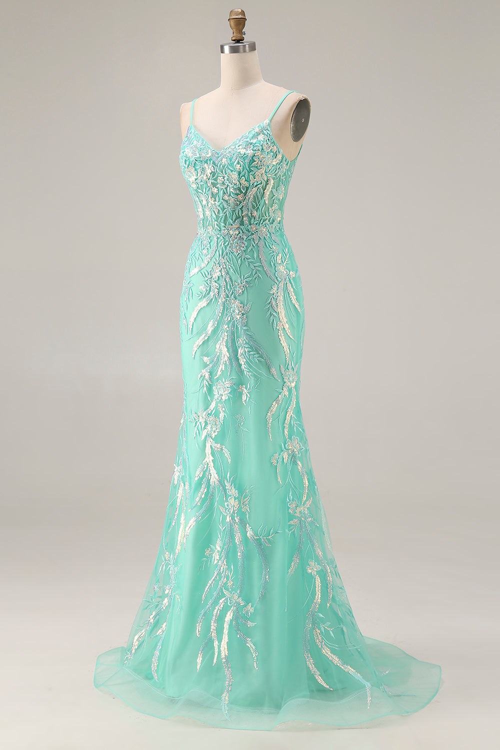 Sparkly Mint Green Mermaid Maxi Prom Dress with Appliques - Image 3