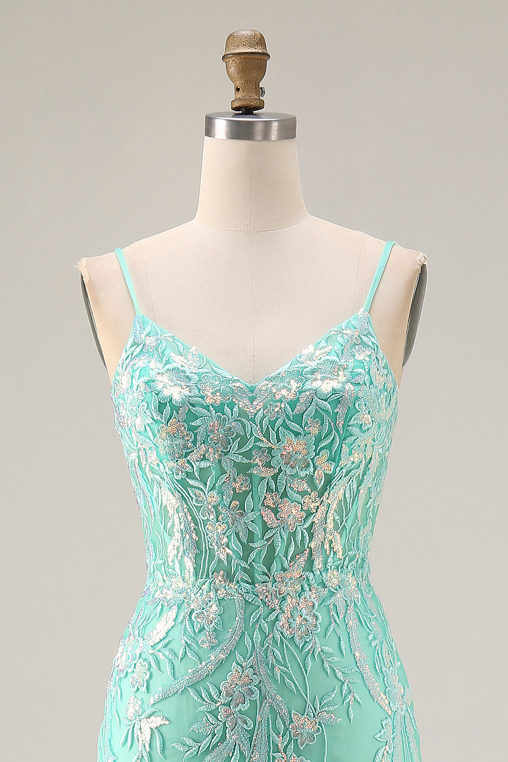 Sparkly Mint Green Mermaid Maxi Prom Dress with Appliques - Image 4