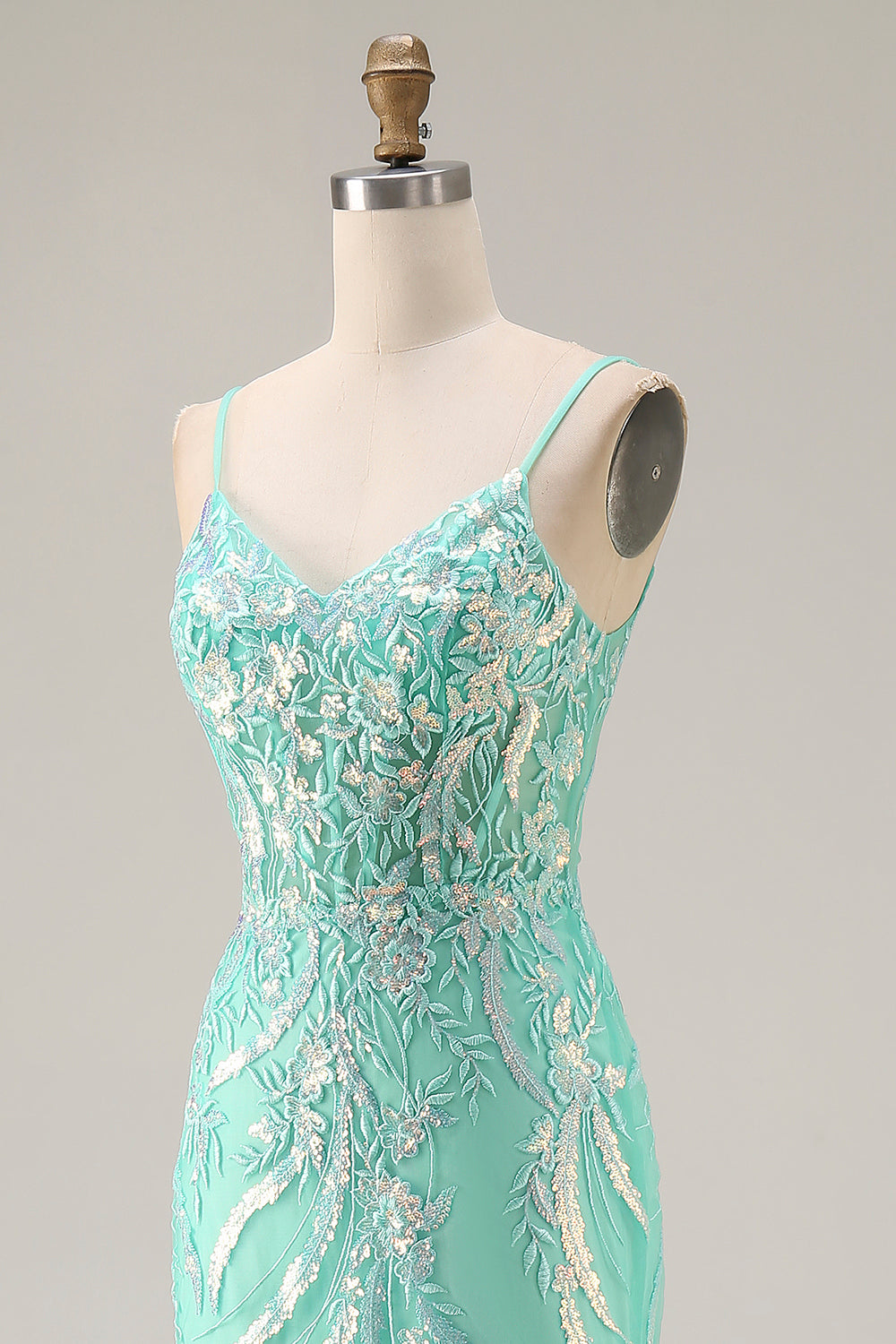 Sparkly Mint Green Mermaid Maxi Prom Dress with Appliques - Image 6