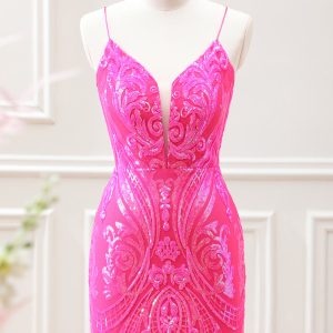 Sparkly Hot Pink Sequined Bodycon Mini Dress with Lace up Back - Image 1