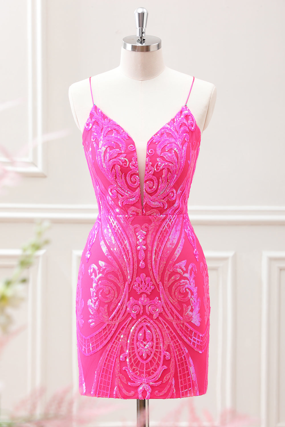 Sparkly Hot Pink Sequined Bodycon Mini Dress with Lace up Back - Image 1