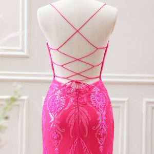 Sparkly Hot Pink Sequined Bodycon Mini Dress with Lace up Back - Image 2