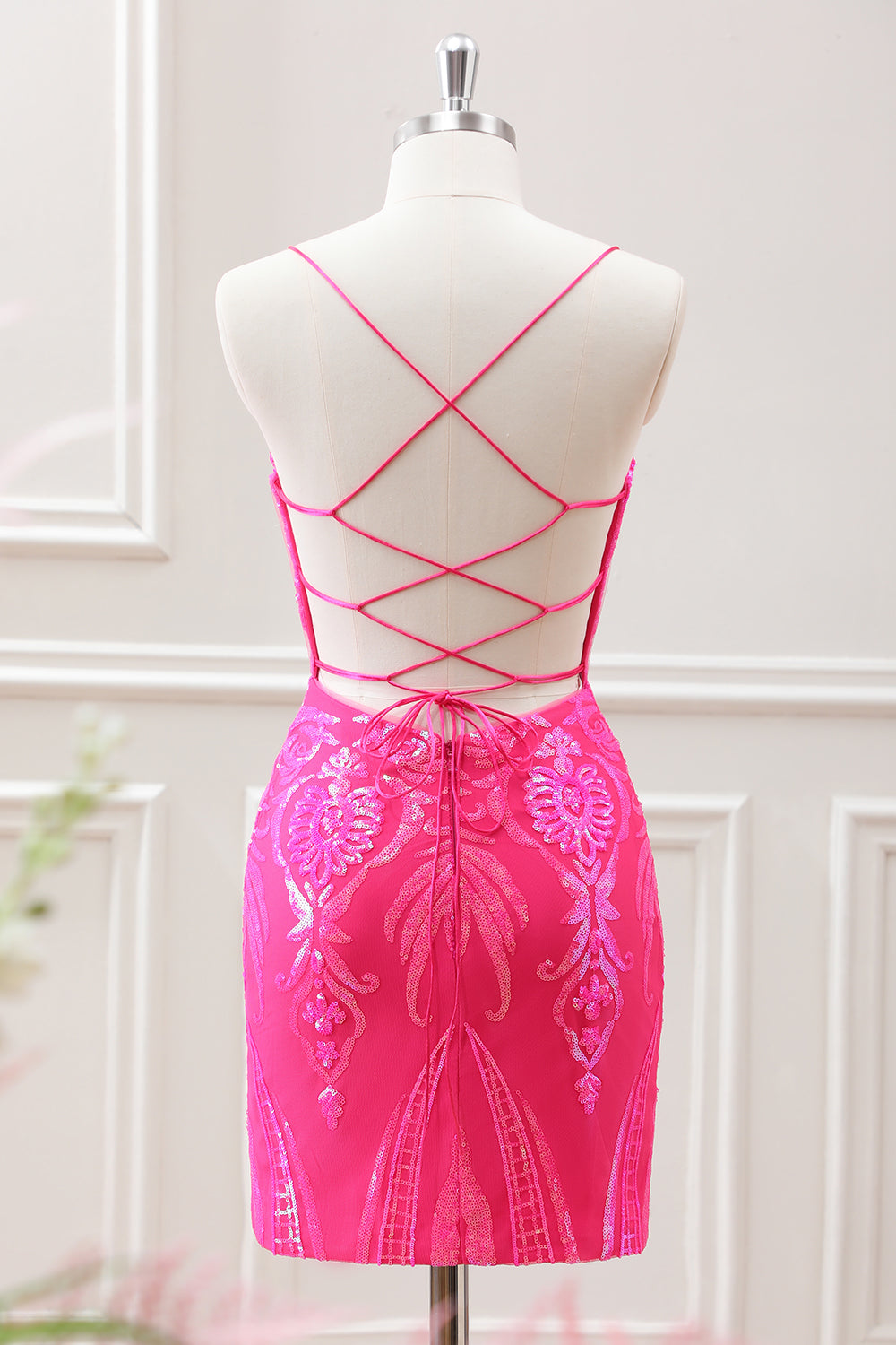Sparkly Hot Pink Sequined Bodycon Mini Dress with Lace up Back - Image 2