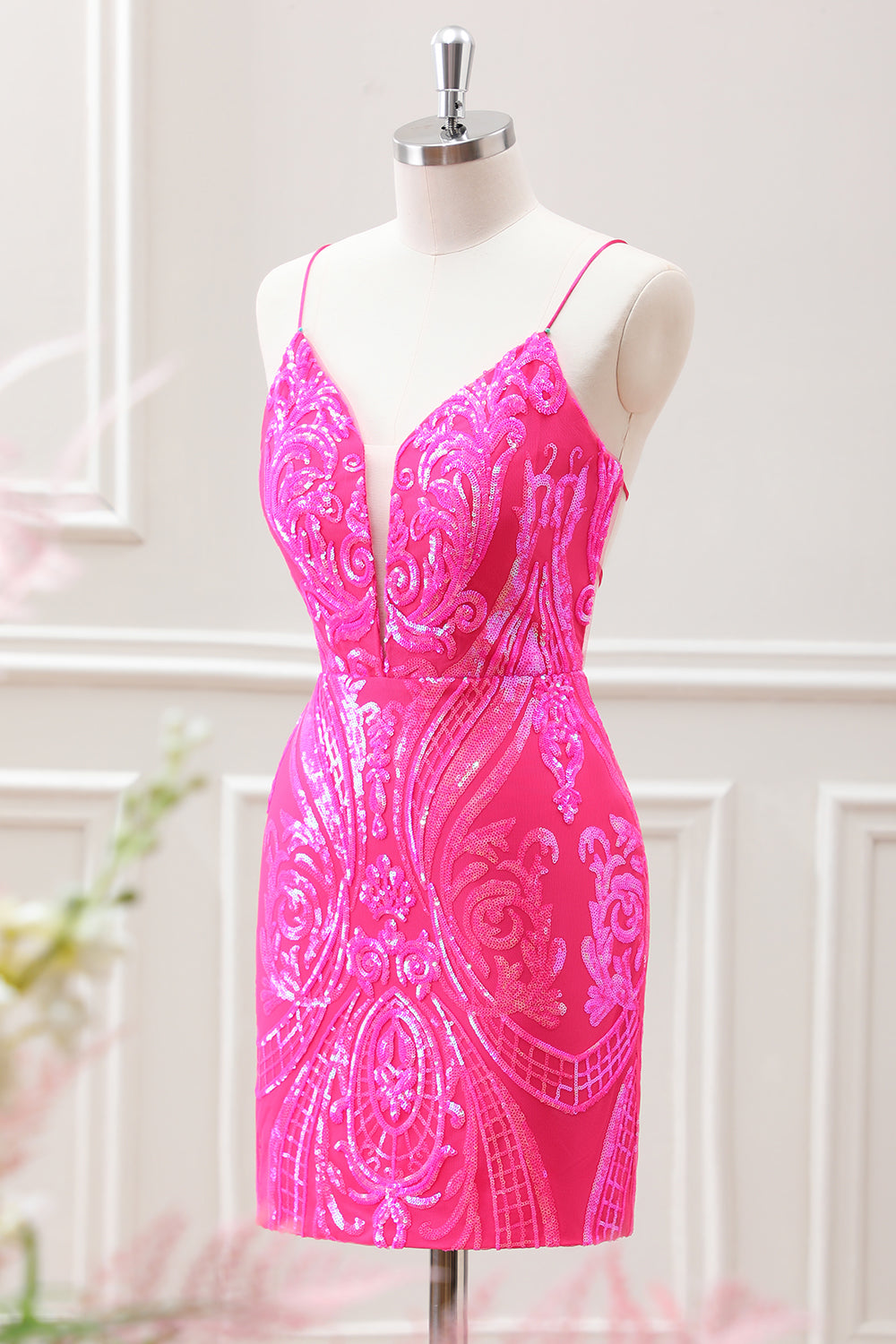 Sparkly Hot Pink Sequined Bodycon Mini Dress with Lace up Back - Image 3