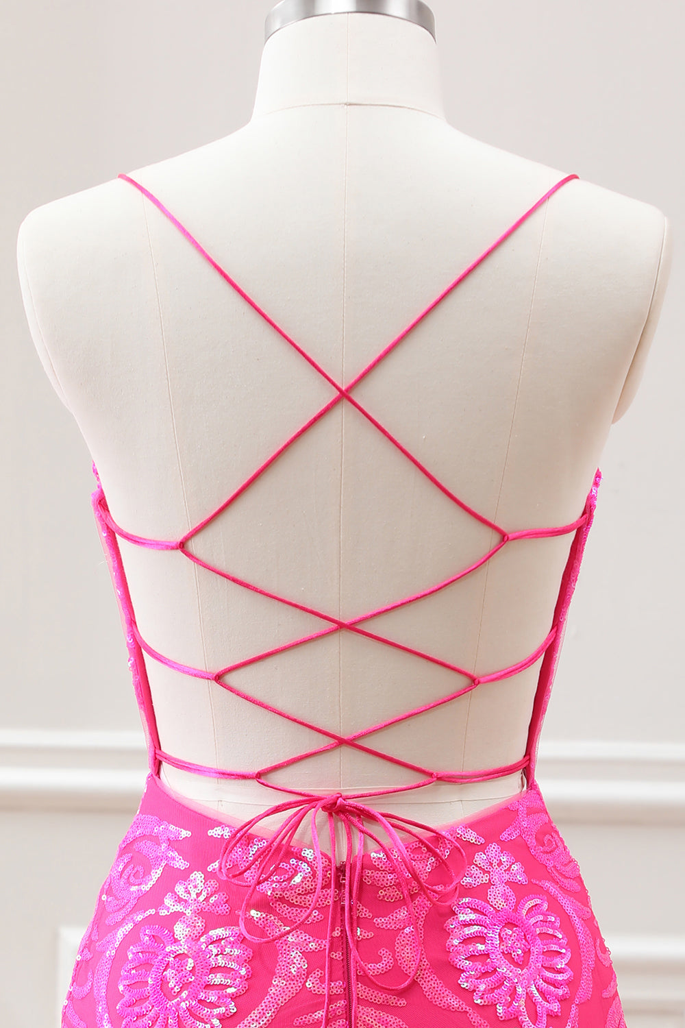 Sparkly Hot Pink Sequined Bodycon Mini Dress with Lace up Back - Image 5