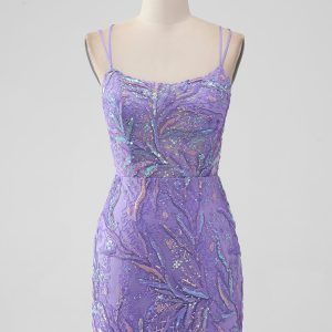 Sparkly Lilac Tight Sequins Appliques Mini Dress with Slit - Image 1