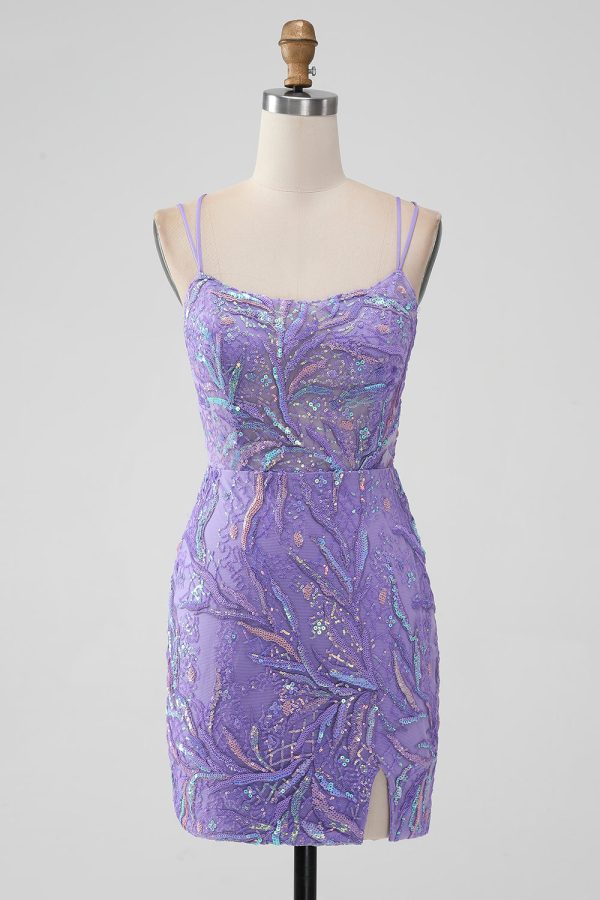 Sparkly Lilac Tight Sequins Appliques Mini Dress with Slit