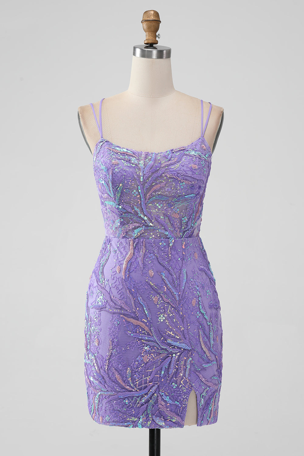 Sparkly Lilac Tight Sequins Appliques Mini Dress with Slit - Image 1
