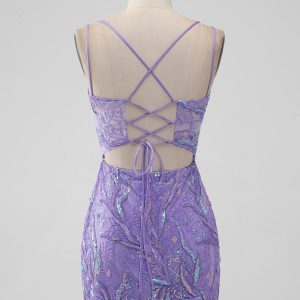 Sparkly Lilac Tight Sequins Appliques Mini Dress with Slit - Image 2