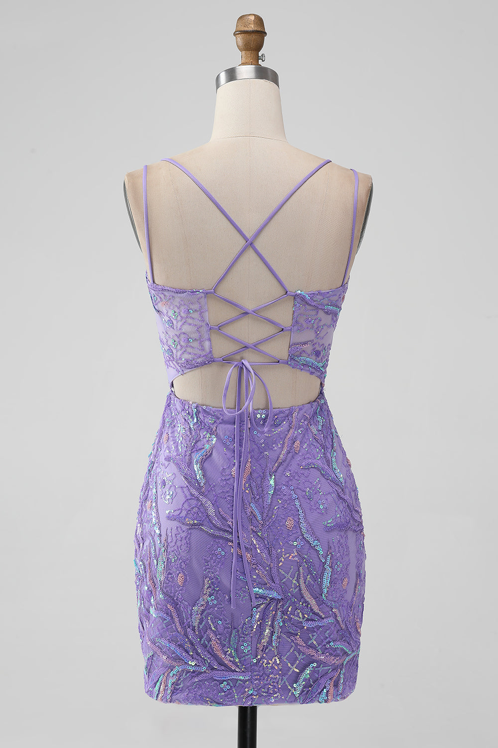 Sparkly Lilac Tight Sequins Appliques Mini Dress with Slit - Image 2