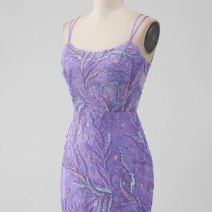Sparkly Lilac Tight Sequins Appliques Mini Dress with Slit - Image 3