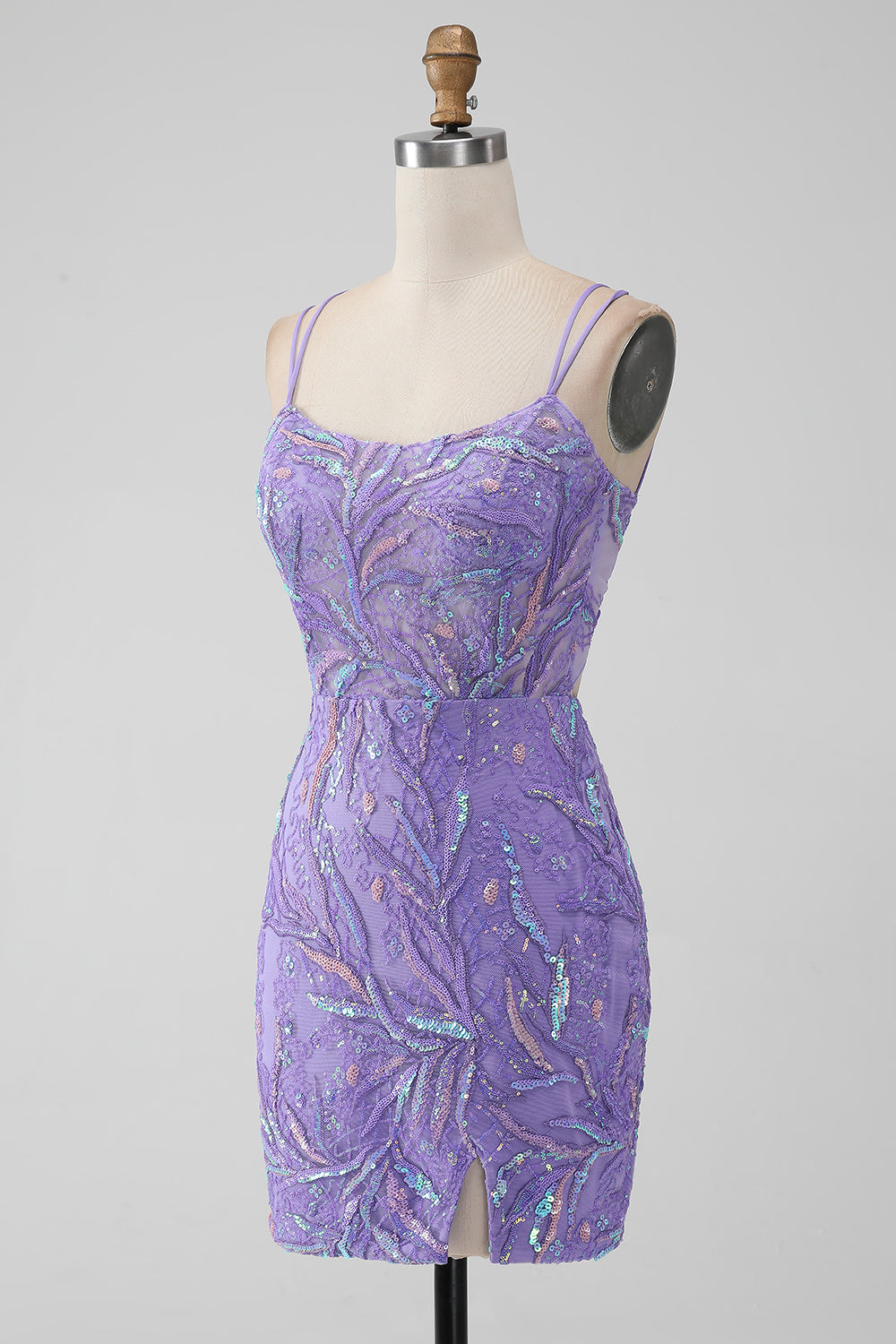 Sparkly Lilac Tight Sequins Appliques Mini Dress with Slit - Image 3