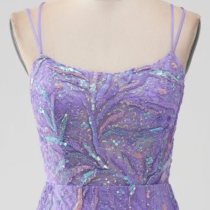 Sparkly Lilac Tight Sequins Appliques Mini Dress with Slit - Image 4