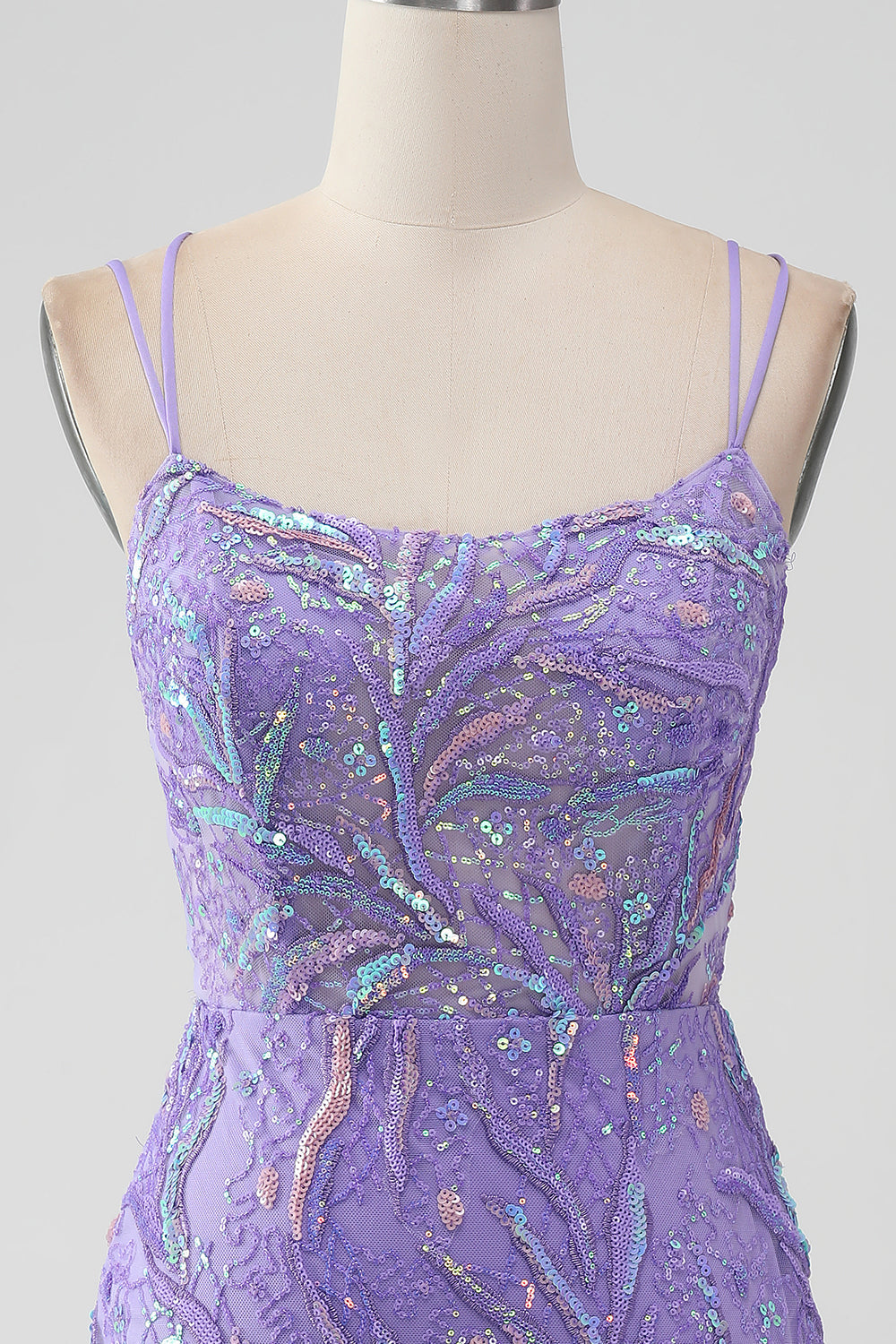 Sparkly Lilac Tight Sequins Appliques Mini Dress with Slit - Image 4