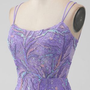 Sparkly Lilac Tight Sequins Appliques Mini Dress with Slit - Image 6