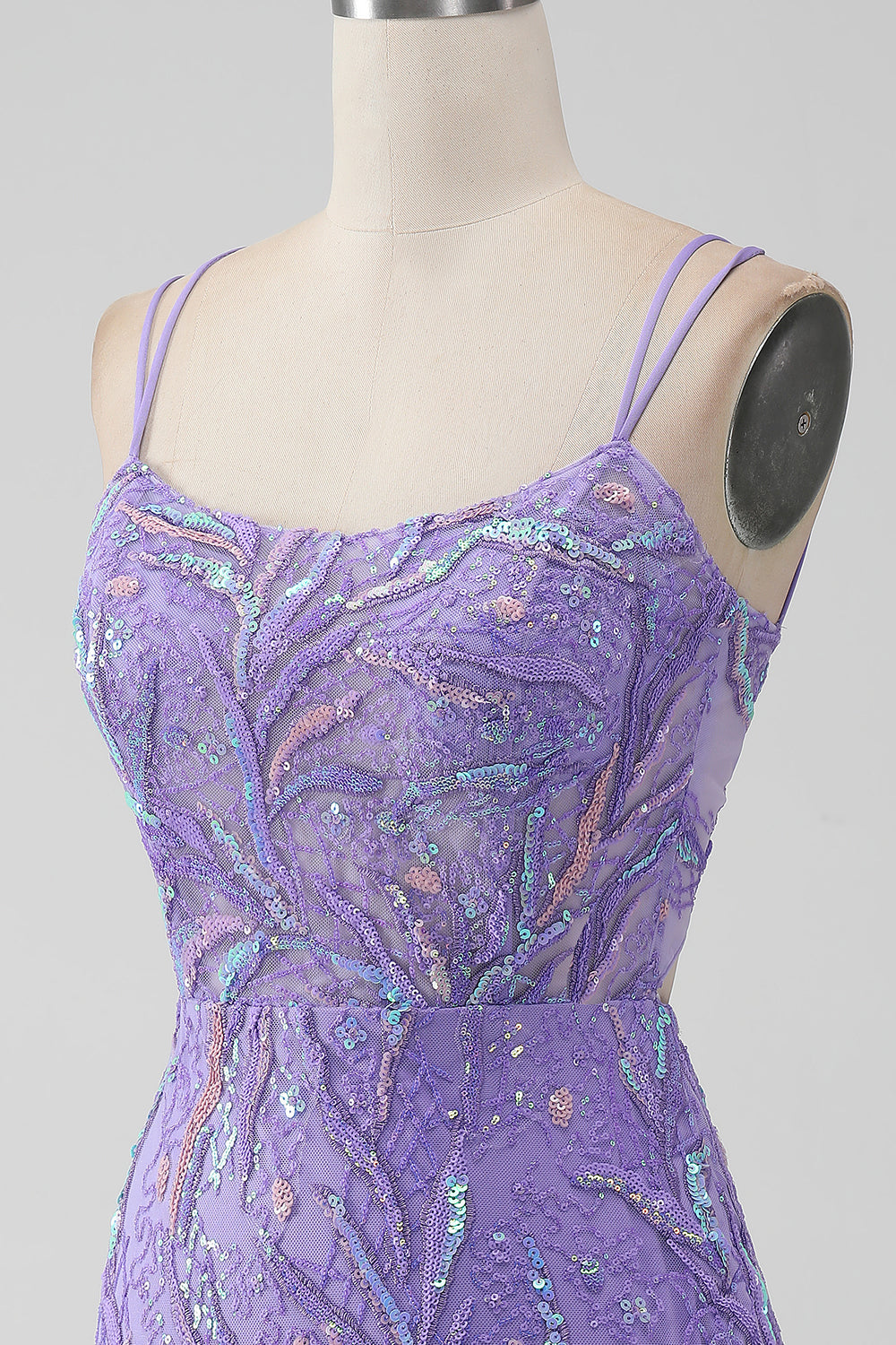 Sparkly Lilac Tight Sequins Appliques Mini Dress with Slit - Image 6