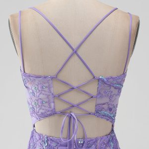Sparkly Lilac Tight Sequins Appliques Mini Dress with Slit - Image 5