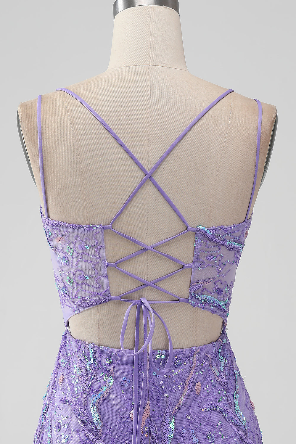 Sparkly Lilac Tight Sequins Appliques Mini Dress with Slit - Image 5