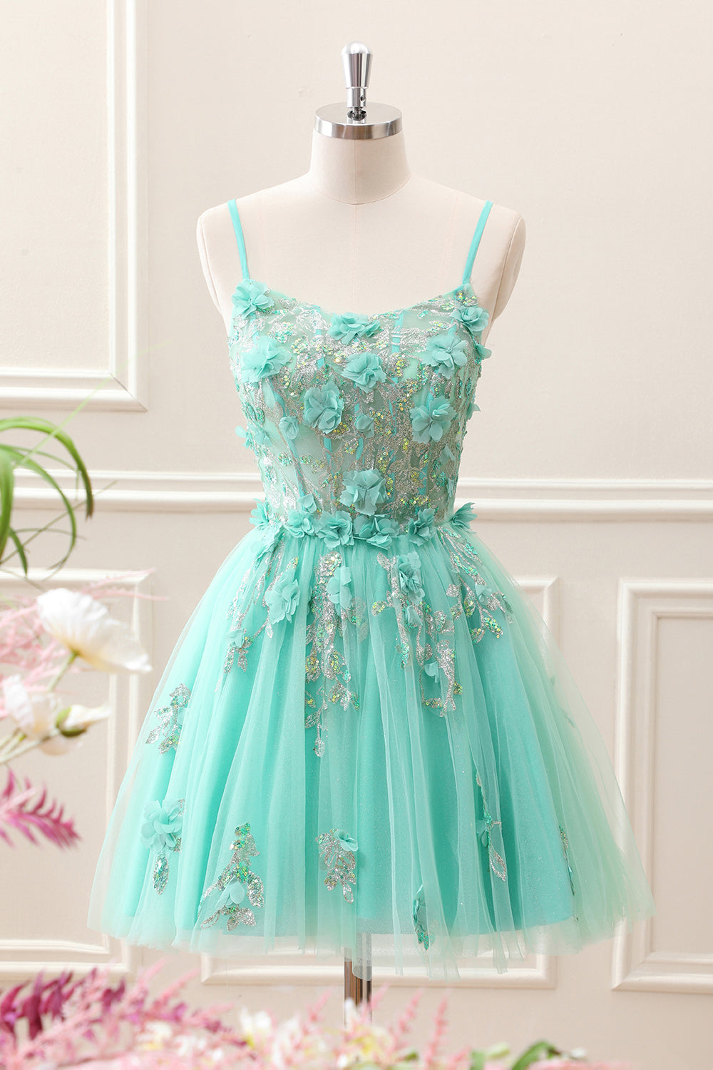 Sparkly Green A Line Corset Tulle Appliques Mini Dress - Image 1