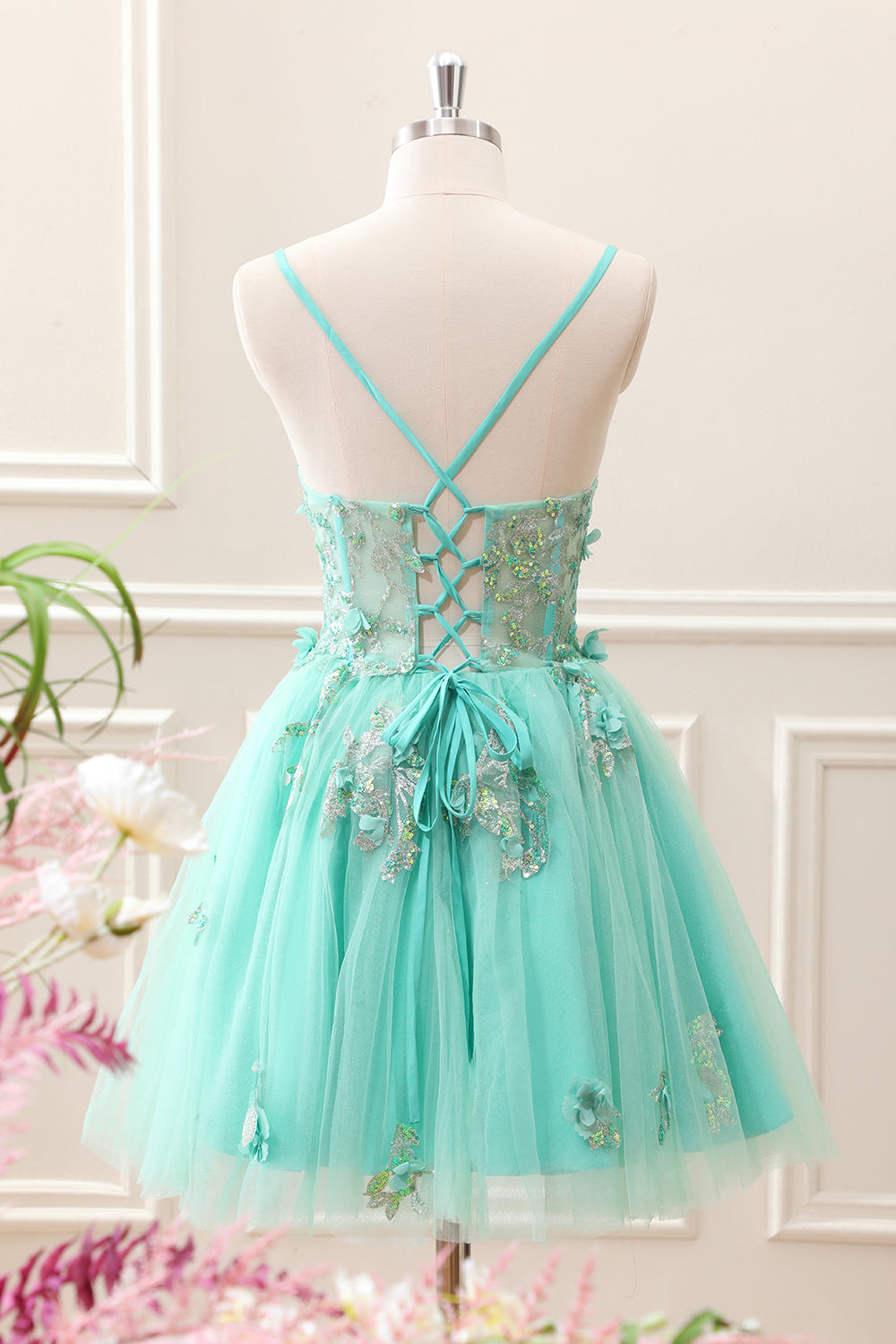 Sparkly Green A Line Corset Tulle Appliques Mini Dress - Image 2