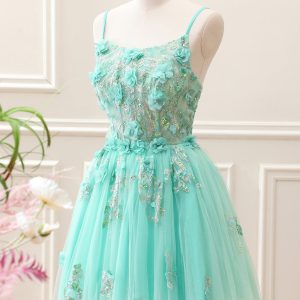 Sparkly Green A Line Corset Tulle Appliques Mini Dress - Image 3