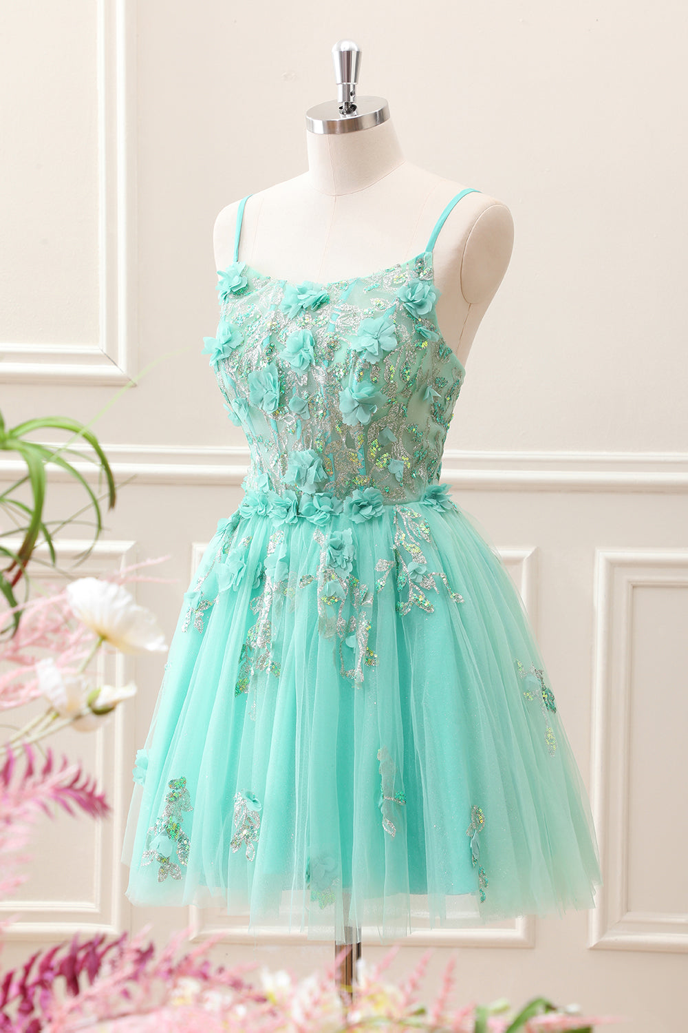 Sparkly Green A Line Corset Tulle Appliques Mini Dress - Image 3