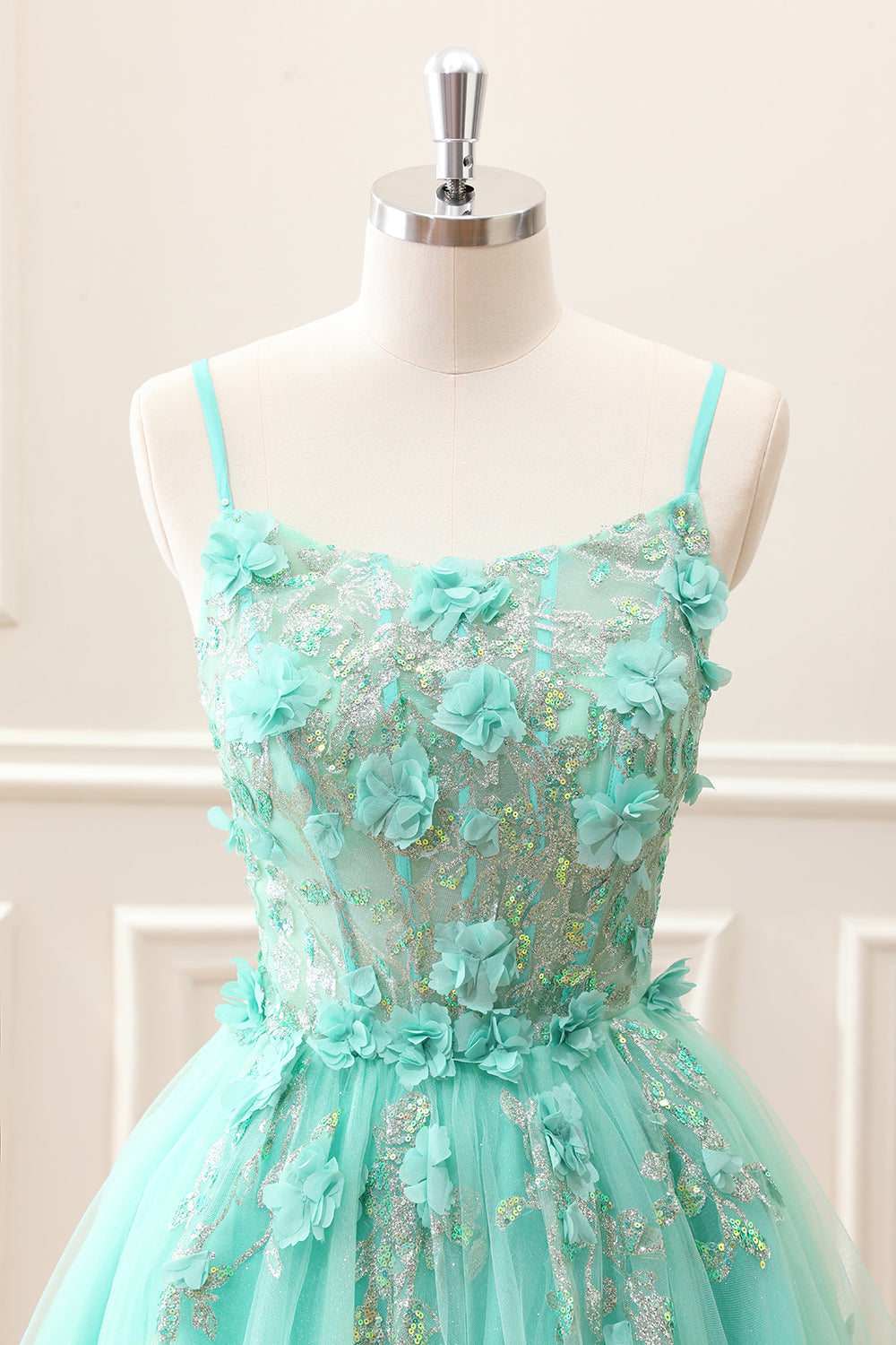 Sparkly Green A Line Corset Tulle Appliques Mini Dress - Image 4