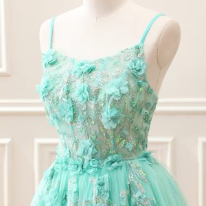 Sparkly Green A Line Corset Tulle Appliques Mini Dress - Image 6