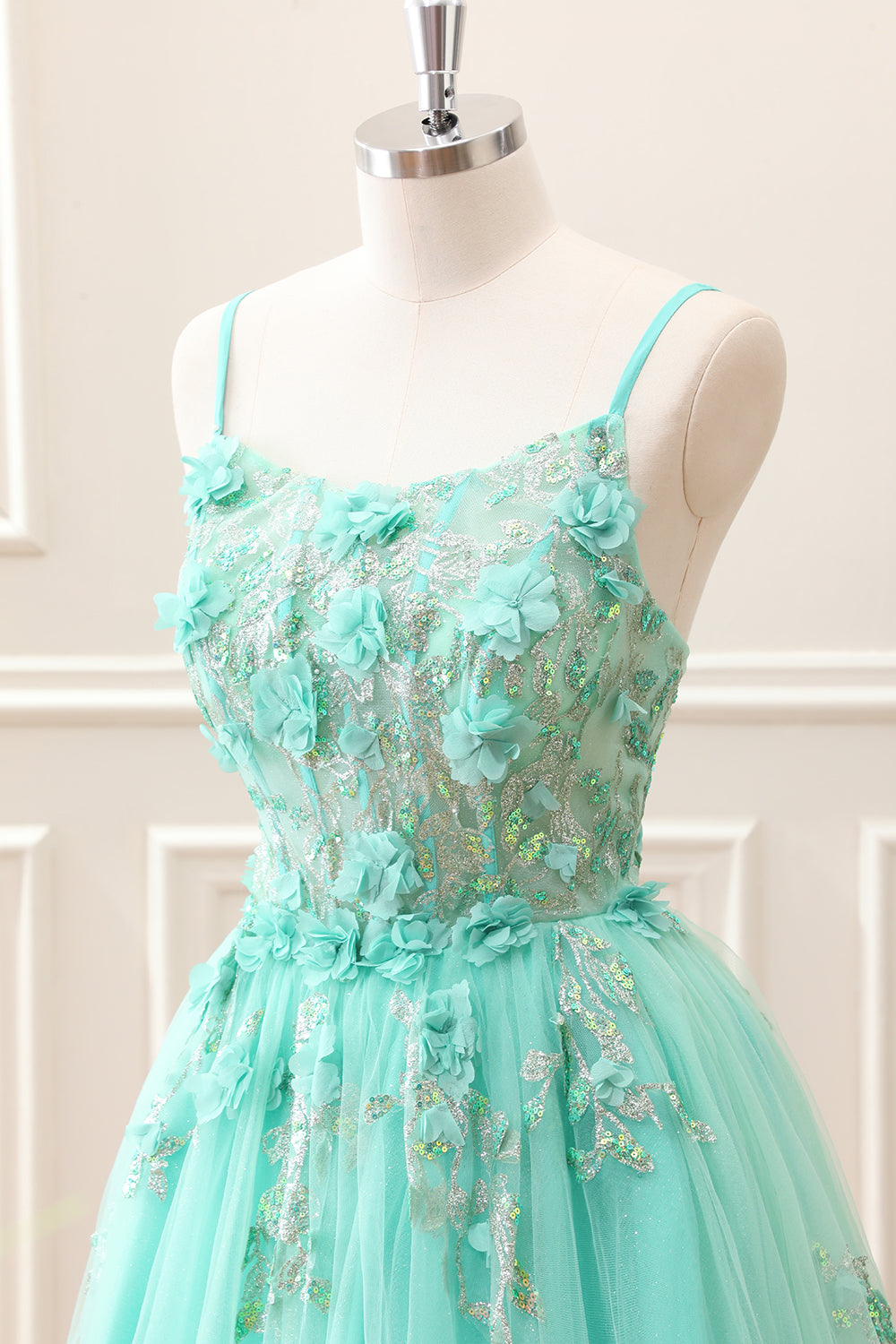 Sparkly Green A Line Corset Tulle Appliques Mini Dress - Image 6
