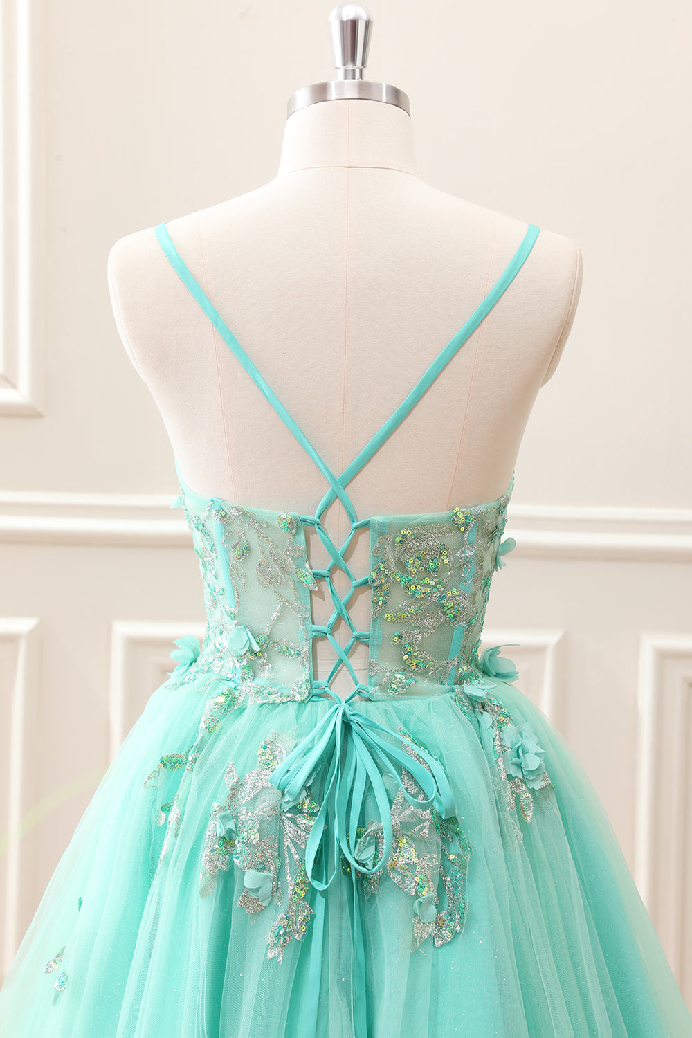 Sparkly Green A Line Corset Tulle Appliques Mini Dress - Image 5