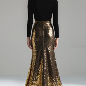 Sparkly Gold and Black Velvet Long Sleeve V-Neck Formal Dress - Image 2