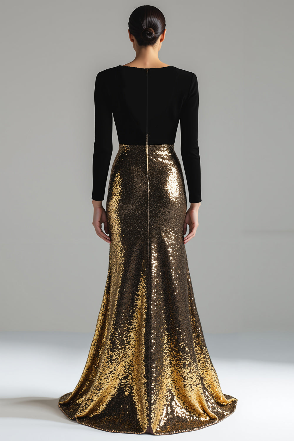 Sparkly Gold and Black Velvet Long Sleeve V-Neck Formal Dress - Image 2